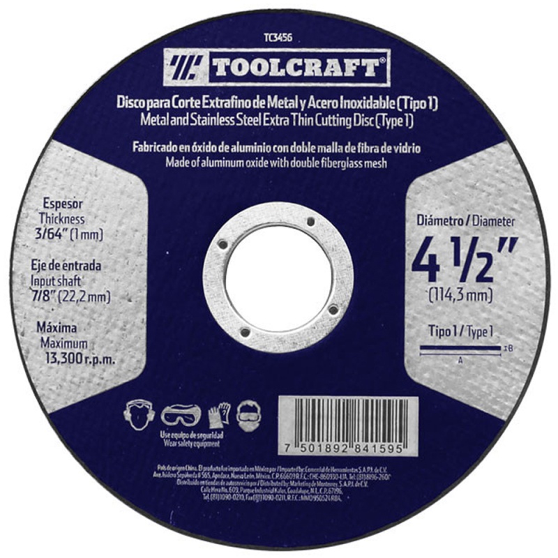 Disco de Corte 4 1/2" x 1mm x 7/8" para Metal y Acero Inoxidable Toolcraft TC3456
