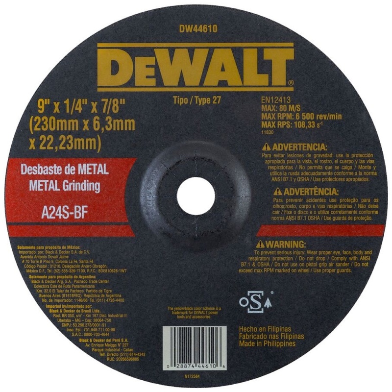 Disco de Desbaste 9" x 6.3mm x 7/8" para Metal Dewalt DW44610