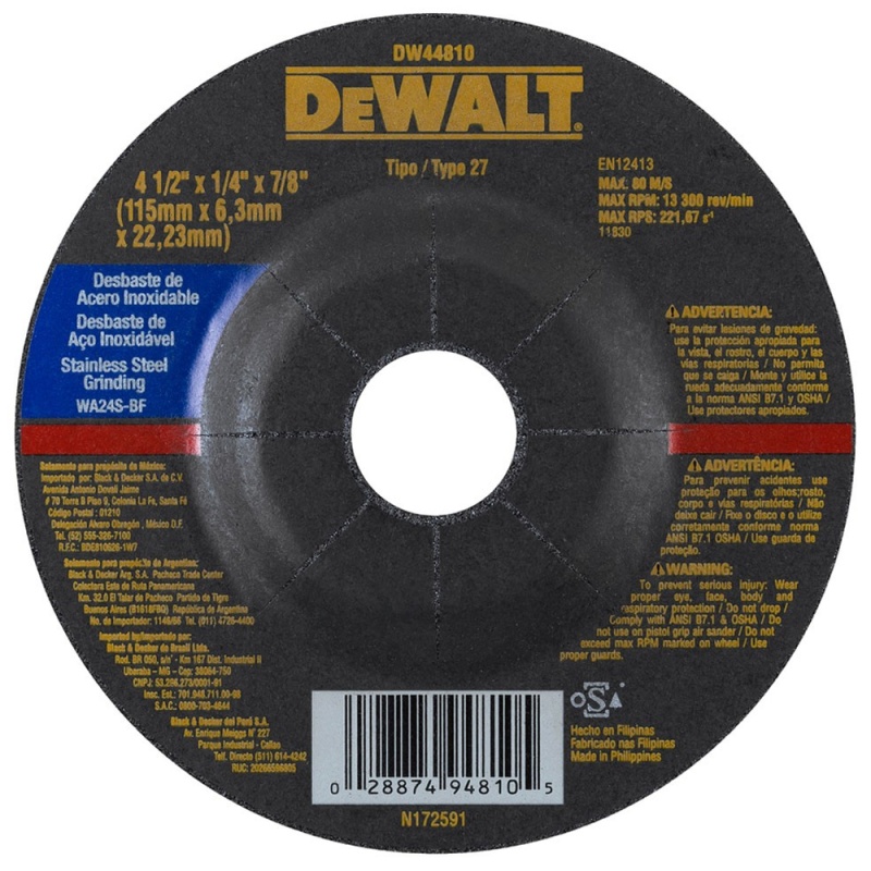 Disco de Desbaste 4 1/2" x 6.3mm x 7/8" para Acero Inoxidable Dewalt DW44810