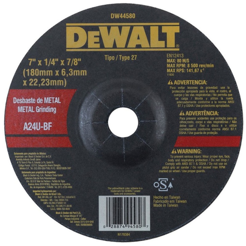 Disco de Desbaste 7" x 6.3mm x 7/8" para Metal Dewalt DW44580