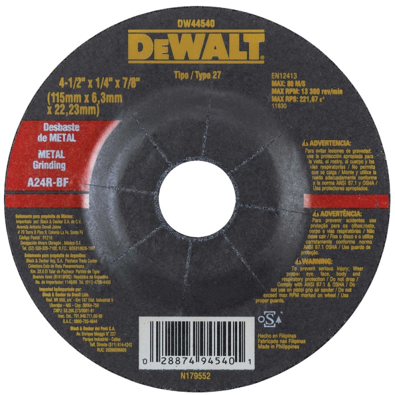 Disco de Desbaste 4 1/2" x 6.3mm x 7/8" para Metal Dewalt DW44540