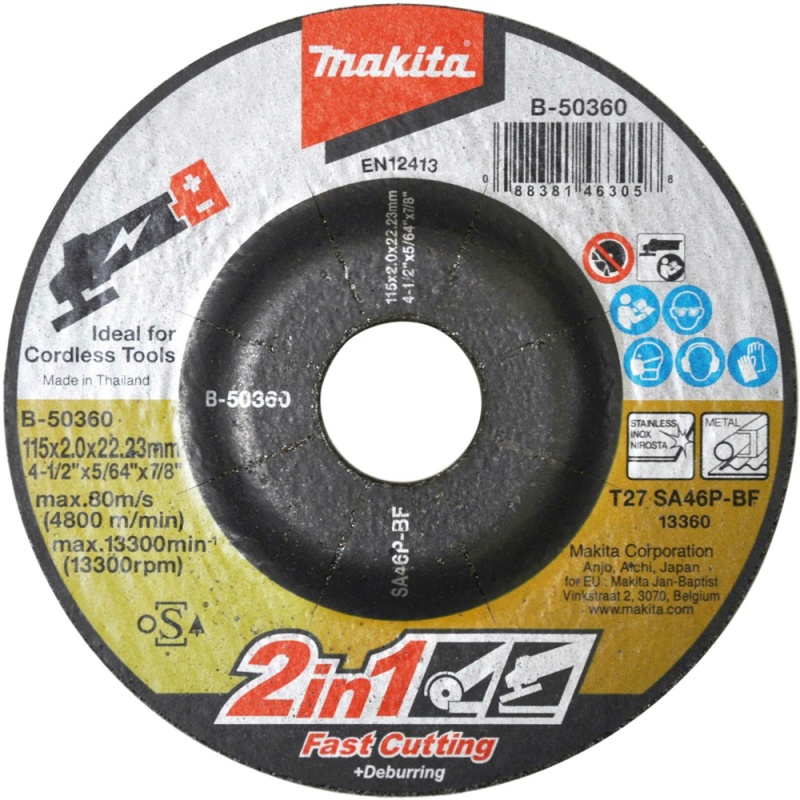 Disco de Corte y Desbaste 4 1/2" x 2mm x 7/8" para Metal y Acero Inoxidable Makita B-50360