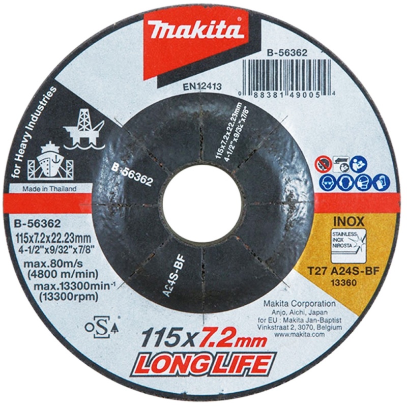 Disco de Desbaste 4 1/2" x 7.2mm x 7/8" para Metal y Acero Inoxidable Makita B-56362