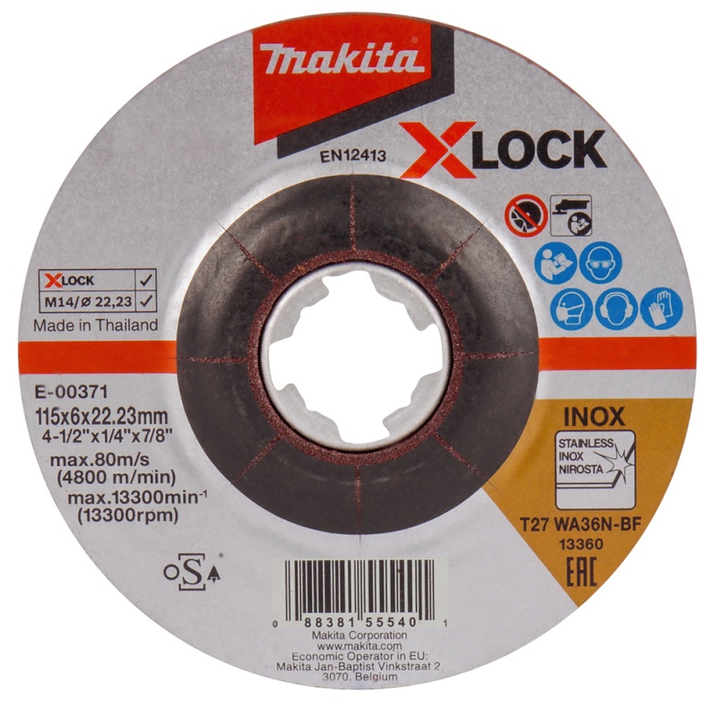 Disco de Desbaste 4 1/2" x 6mm X-Lock para Metal y Acero Inoxidable Makita E-00371