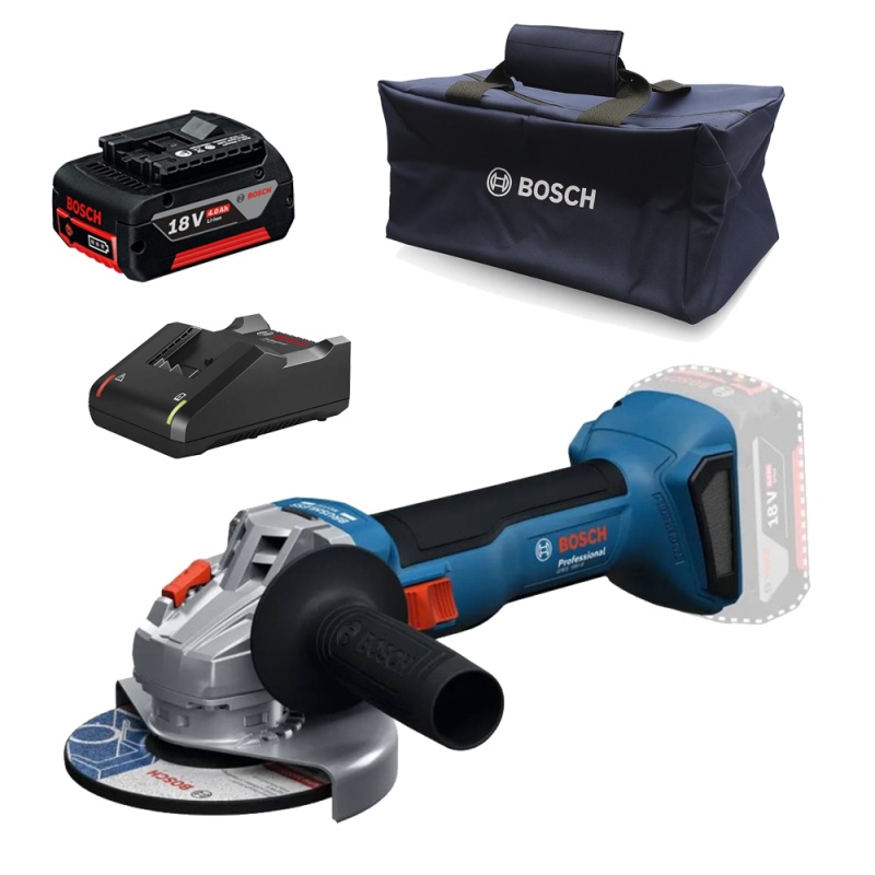 Amoladora 5" 18V Brushless + Batería 4.0 Ah + Cargador + Bolso Bosch 0615.A50.0CR-000