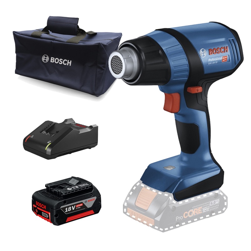 Pistola de Calor 18V 500 °C + Batería 4.0 Ah + Cargador + Bolso Bosch 0615.A50.0CN-000