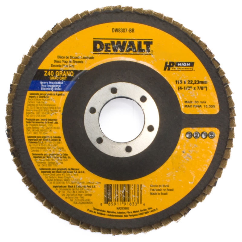 Disco Flap 4 1/2" x 7/8" Grano 40 para Metal y Acero Inoxidable Dewalt DW8307-BR