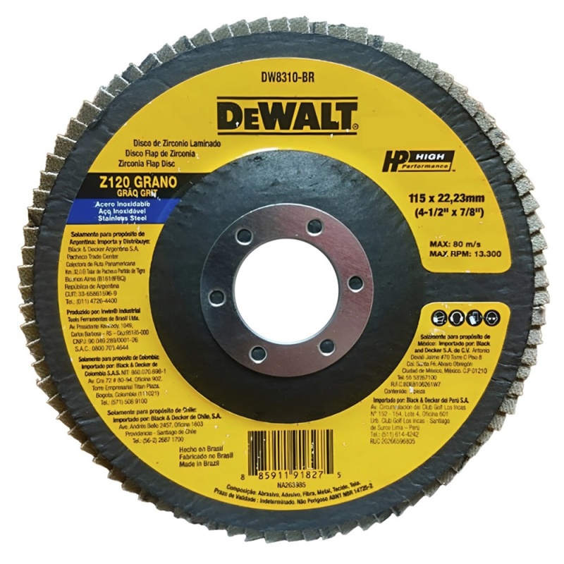 Disco Flap 4 1/2" x 7/8" Grano 120 para Metal y Acero Inoxidable Dewalt DW8310-BR