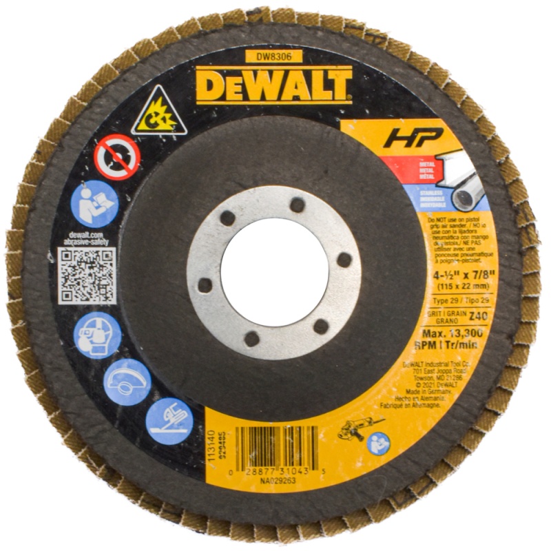 Disco Flap 4 1/2" x 7/8" Grano 40 para Metal y Acero Inoxidable Dewalt DW8306