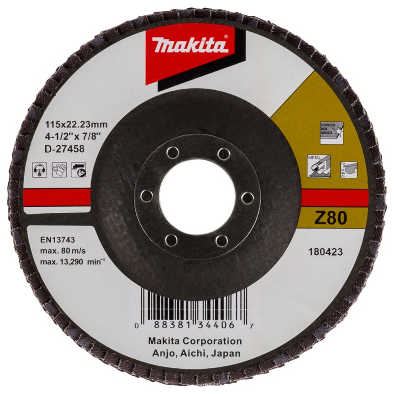 Disco Flap 4 1/2" x 7/8" Grano 80 para Metal y Acero Inoxidable Makita D-27458