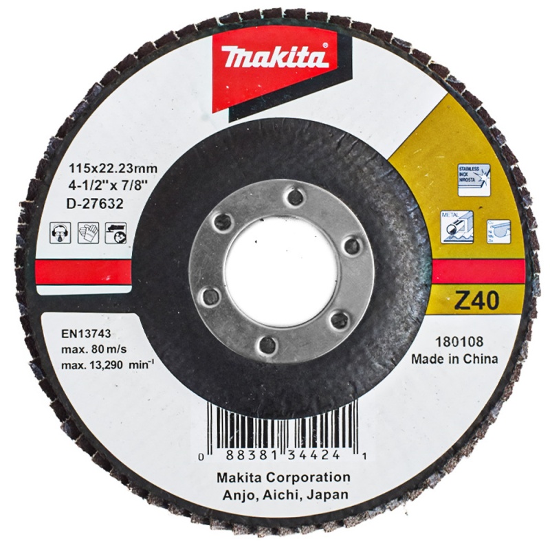 Disco Flap 4 1/2" x 7/8" Grano 40 para Metal y Acero Inoxidable Makita D-27632