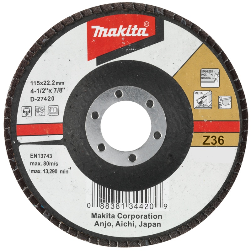 Disco Flap 4 1/2" x 7/8" Grano 36 para Metal y Acero Inoxidable Makita D-27420