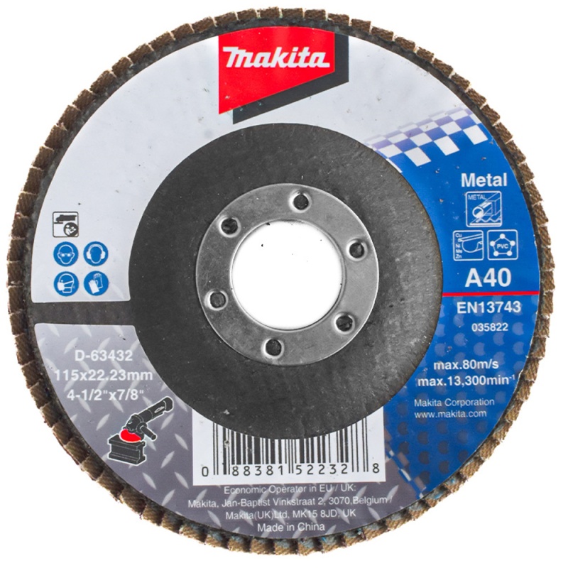 Disco Flap 4 1/2" x 7/8" Grano 40 para Metal Makita D-63432