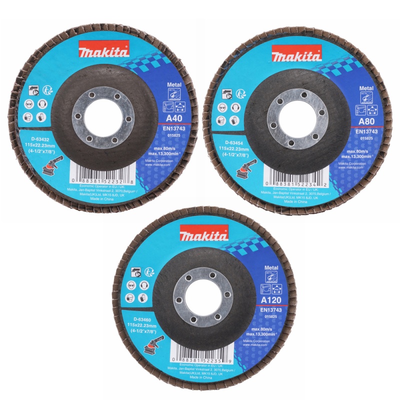 Set 30 Discos Flap 4 1/2" (115 mm) Grano 40 - 80 - 120 para Metal Makita D-82046