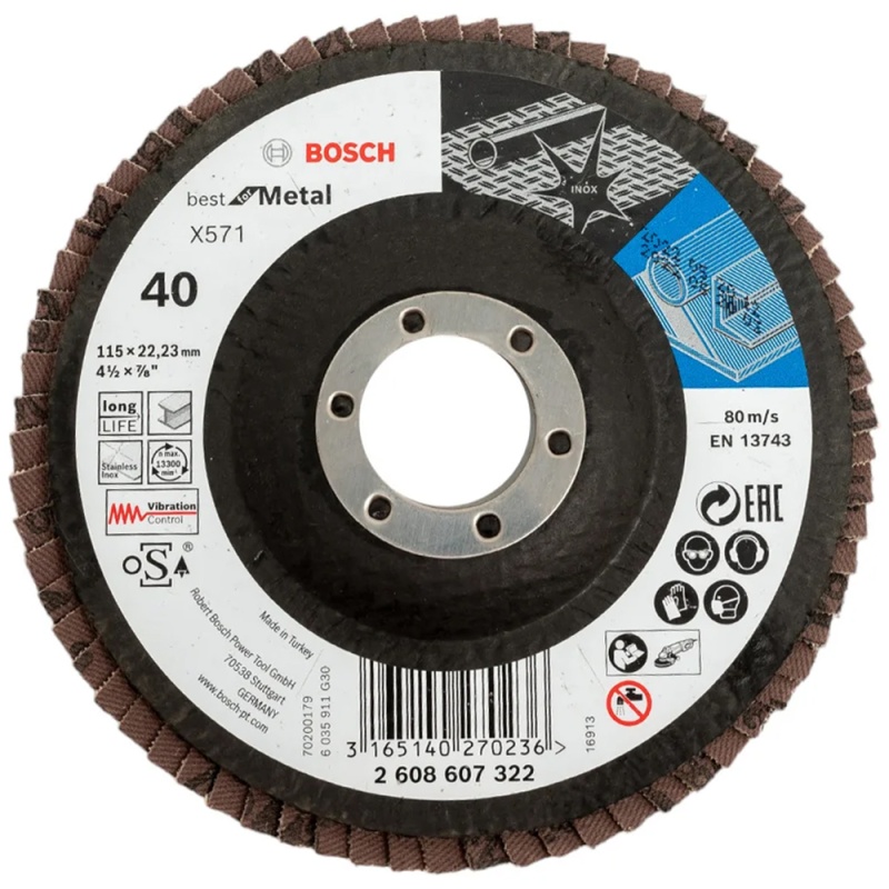 Disco Flap 4 1/2" x 7/8" Grano 40 para Metal y Acero Inoxidable Bosch 2608.607.322-000