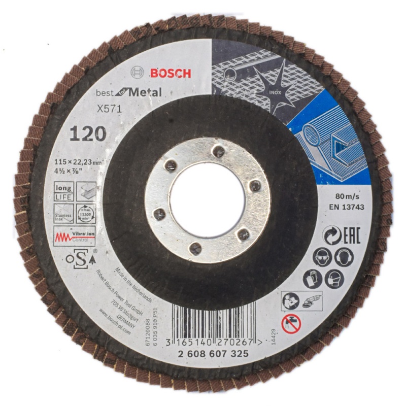 Disco Flap 4 1/2" x 7/8" Grano 120 para Metal y Acero Inoxidable Bosch 2608.607.325-000