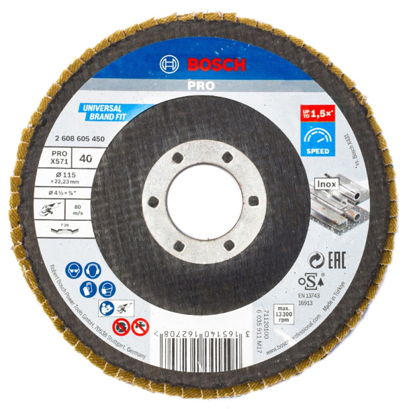 Disco Flap 4 1/2" x 7/8" Grano 40 para Metal y Acero Inoxidable Bosch 2608.605.450-000