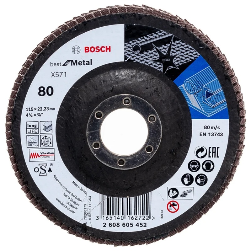 Disco Flap 4 1/2" x 7/8" Grano 80 para Metal y Acero Inoxidable Bosch 2608.605.452-000