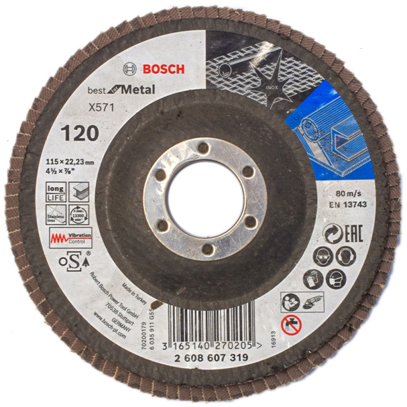 Disco Flap 4 1/2" x 7/8" Grano 120 para Metal y Acero Inoxidable Bosch 2608.607.319-000