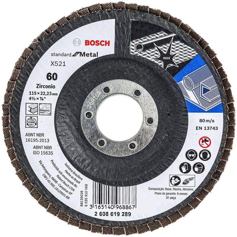 Disco Flap 4 1/2" x 7/8" Grano 60 para Metal y Acero Inoxidable Bosch 2608.619.289-000