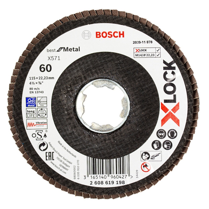 Disco Flap 4 1/2" X-Lock Grano 60 para Metal y Acero Inoxidable Bosch 2608.619.198-000