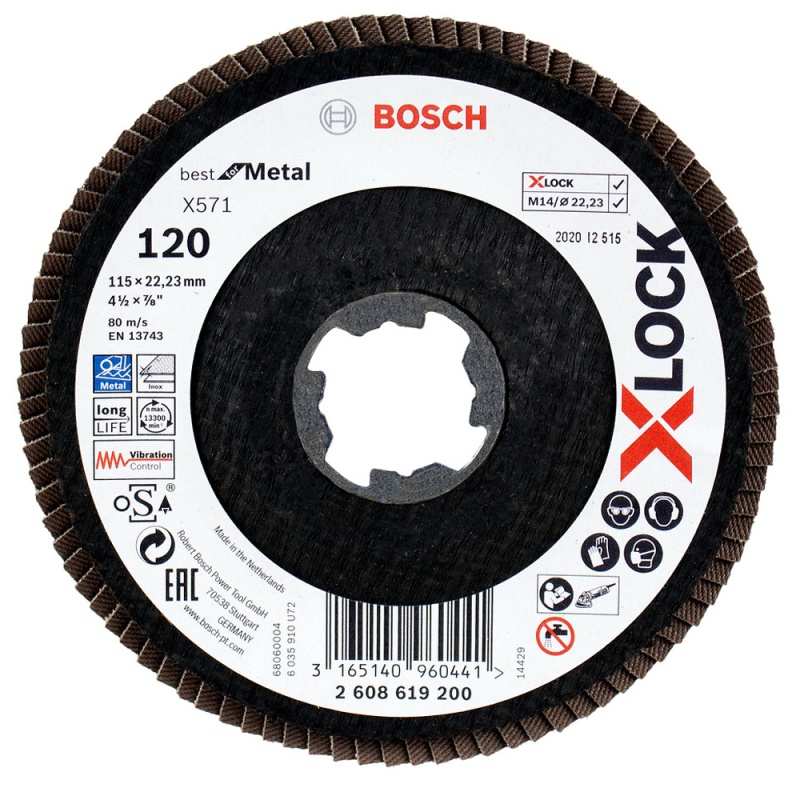 Disco Flap 4 1/2" X-Lock Grano 120 para Metal y Acero Inoxidable Bosch 2608.619.200-000