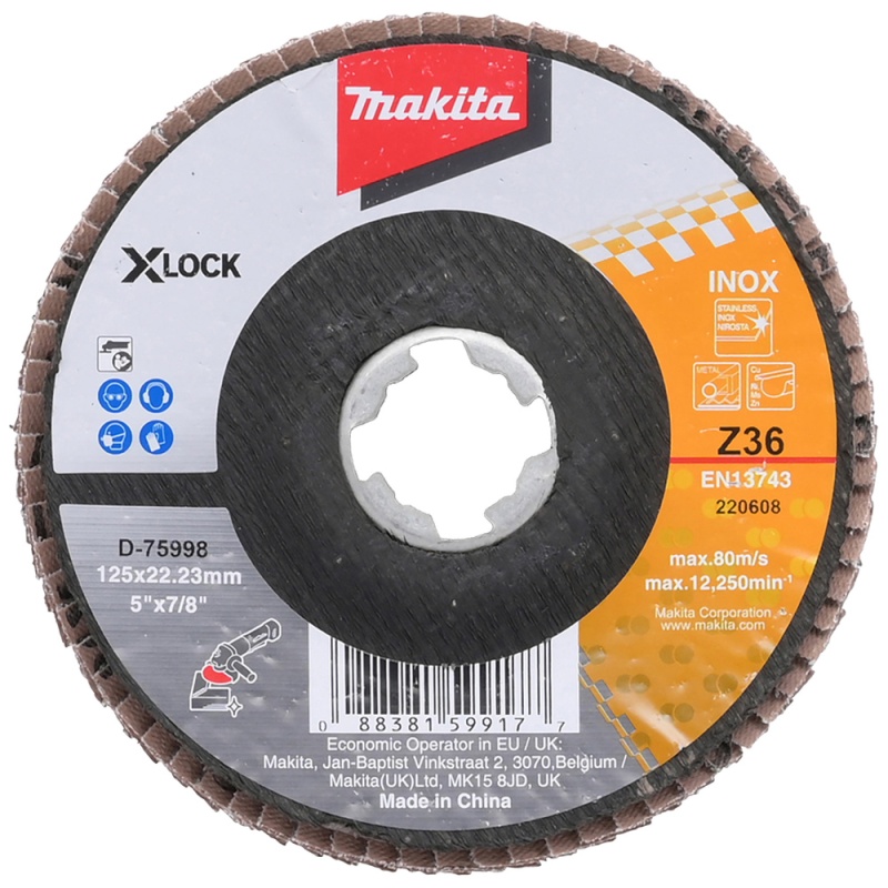 Disco Flap 5" X-Lock Grano 36 para Metal y Acero Inoxidable Makita D-75998