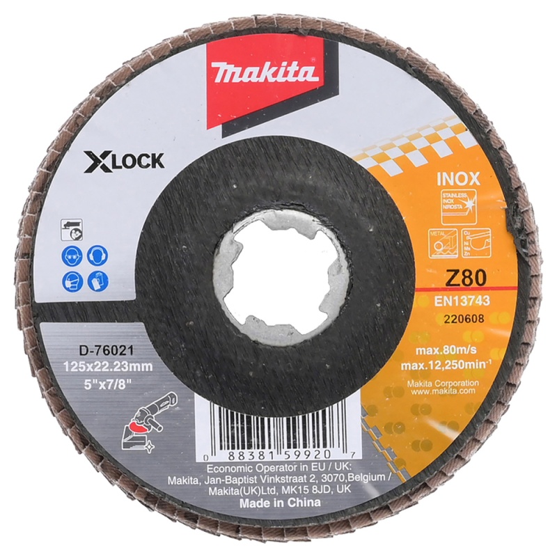 Disco Flap 5" X-Lock Grano 80 para Metal y Acero Inoxidable Makita D-76021
