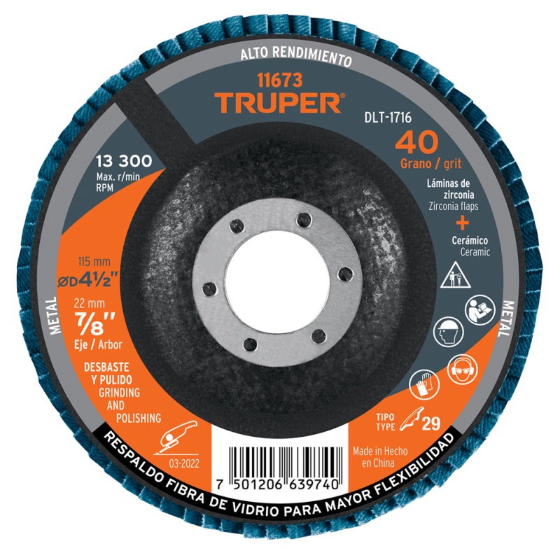 Disco Flap 4 1/2" x 7/8" Grano 40 para Metal Truper 11673