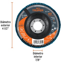 Disco Flap 4 1/2" x 7/8" Grano 40 para Metal Truper 11673