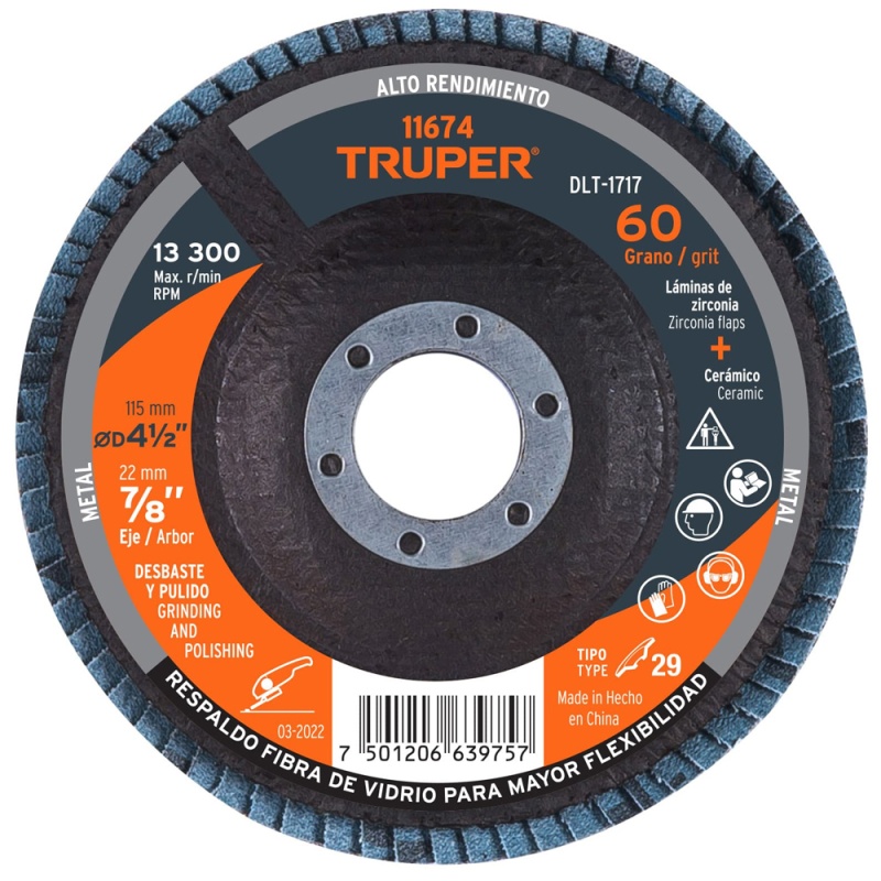 Disco Flap 4 1/2" x 7/8" Grano 60 para Metal Truper 11674