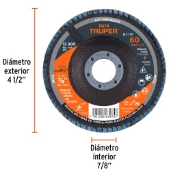 Disco Flap 4 1/2" x 7/8" Grano 60 para Metal Truper 11674