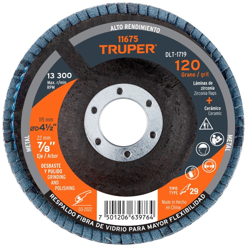 Disco Flap 4 1/2" x 7/8" Grano 120 para Metal Truper 11675
