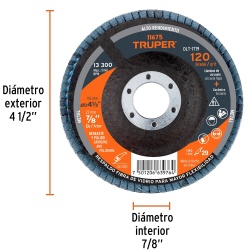 Disco Flap 4 1/2" x 7/8" Grano 120 para Metal Truper 11675
