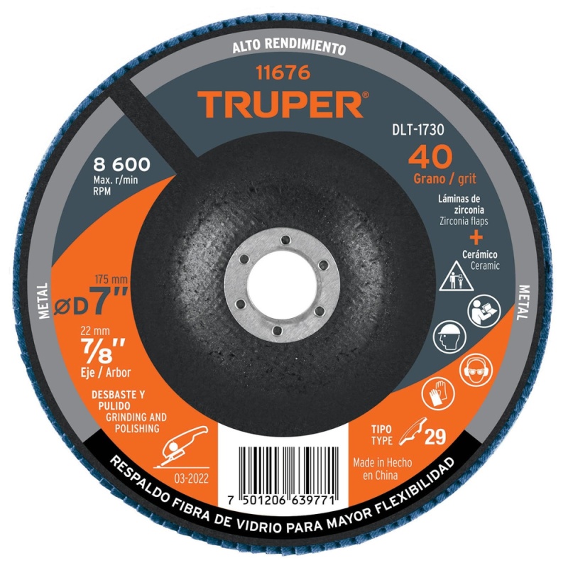 Disco Flap 7" x 7/8" Grano 40 para Metal Truper 11676
