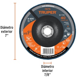 Disco Flap 7" x 7/8" Grano 40 para Metal Truper 11676