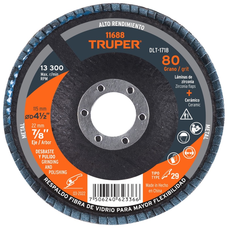 Disco Flap 4 1/2" x 7/8" Grano 80 para Metal Truper 11688