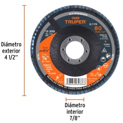 Disco Flap 4 1/2" x 7/8" Grano 80 para Metal Truper 11688