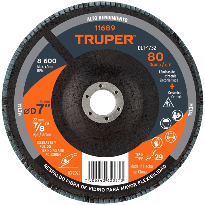 Disco Flap 7" x 7/8" Grano 80 para Metal Truper 11689