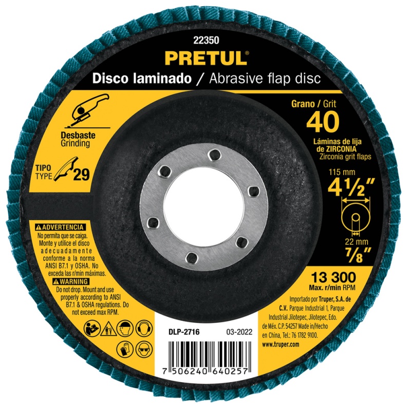 Disco Flap 4 1/2" x 7/8" Grano 40 para Metal Pretul 22350