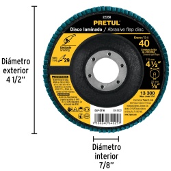 Disco Flap 4 1/2" x 7/8" Grano 40 para Metal Pretul 22350