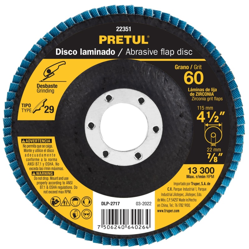 Disco Flap 4 1/2" x 7/8" Grano 60 para Metal Pretul 22351