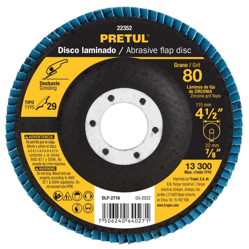 Disco Flap 4 1/2" x 7/8" Grano 80 para Metal Pretul 22352