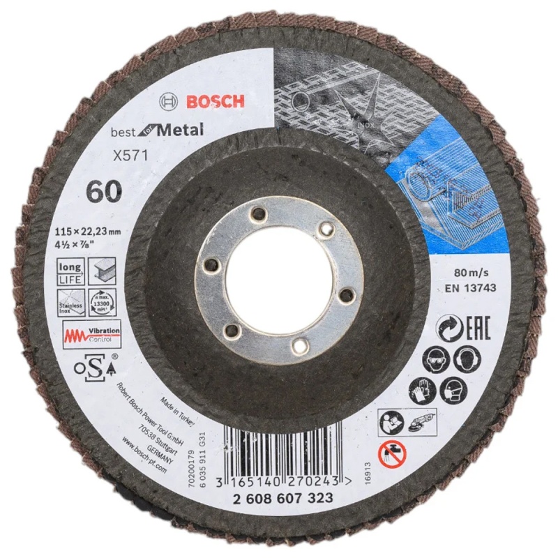 Disco Flap 4 1/2" x 7/8" Grano 60 para Metal y Acero Inoxidable Bosch 2608.607.323-000