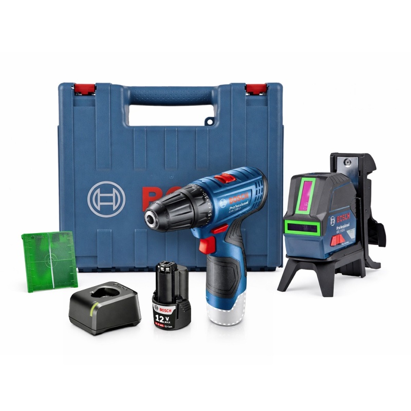 Nivel Láser Combinado Verde 15Mts GCL 2-15 G + Taladro Atornillador 3/8" 12V 30Nm Bosch GSR 120-LI 0601.066.J00-005