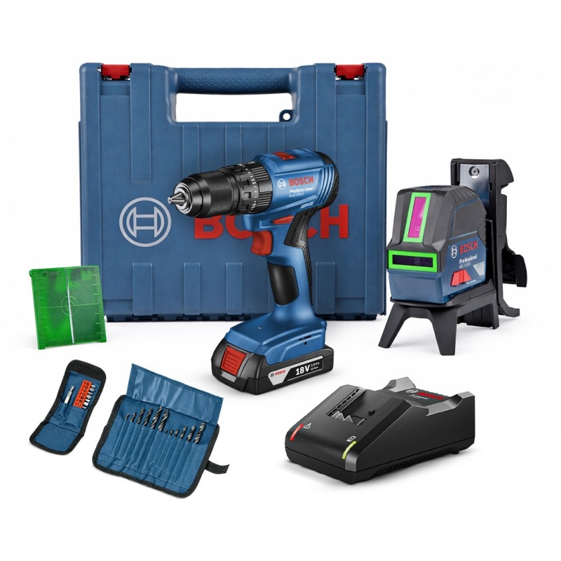 Nivel Láser Comb. Verde 15M GCL 2-15 G + Tal Percutor 1/2" 18V Brushless + Set 23 pzs Bosch GSB 185-LI 0601.066.J00-006