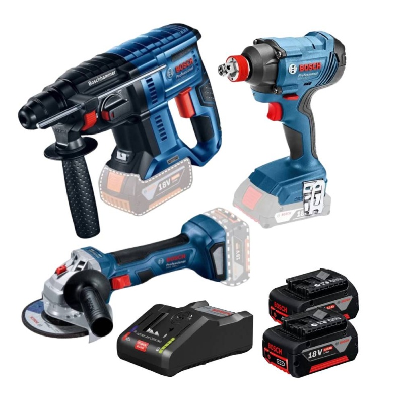 Amol Ang 5" 18V GWS 180-LI + Rotomartillo Sds-Plus 18V 2J Baretool GBH 180-LI + Llave de Imp 1/2" 18V 180 Nm GDX 180-LI Bosch