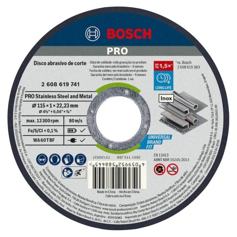 Disco de Corte 4 1/2" x 1mm x 22,23 mm para Metal y Acero Inoxidable Bosch 2608.619.741-000