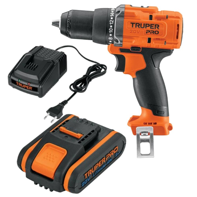 Taladro Percutor 1/2" 20V 103250 + Bateria Ion Litio 20V 2,0Ah 103240 + Cargador 12336 Truper CO-103250
