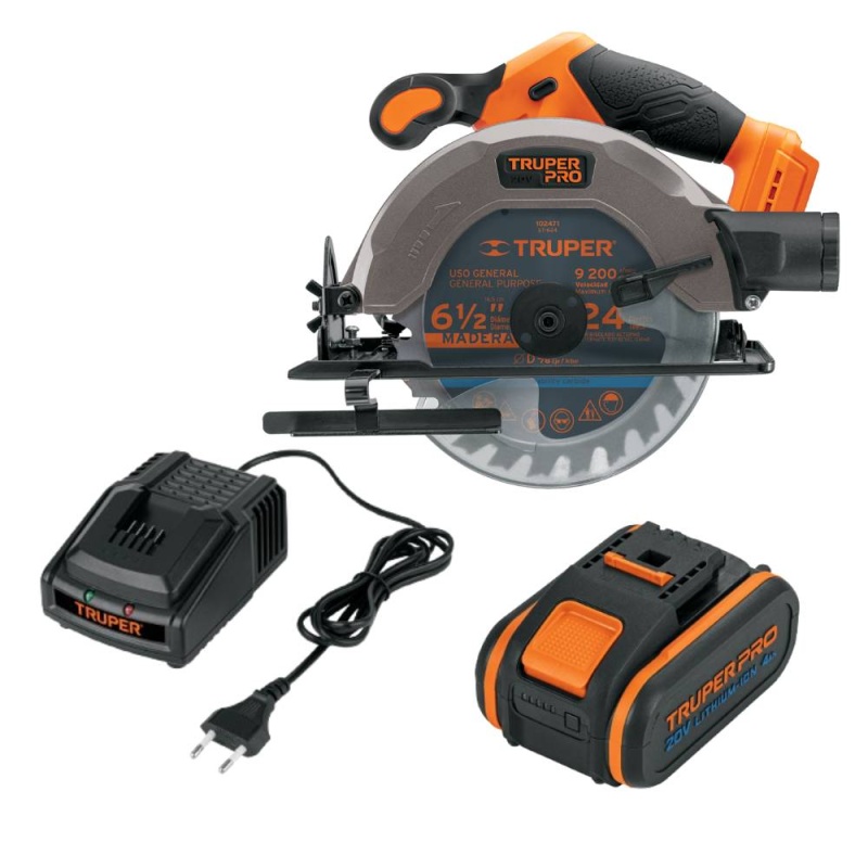 Sierra Circular 6 1/2" 20V 4000 Rpm 103257 + Bateria Ion Litio 20V 4,0Ah 103009 + Cargador 12336 Truper CO-103257
